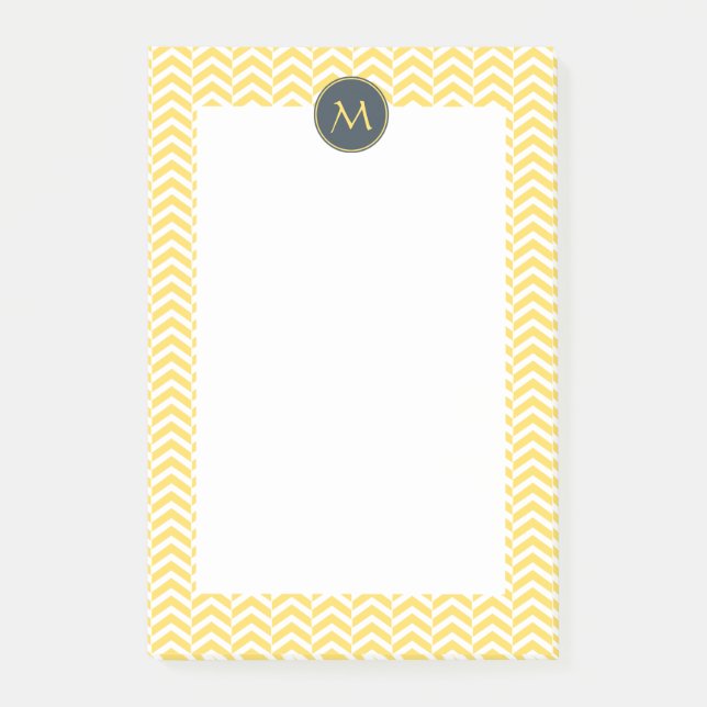 Monogram Gult och vit Chevron med träkol Post-it Block (Framsida)