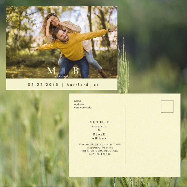 Monogram Gult Photo Bröllop spara datum Vykort (Skapare uppladdad)