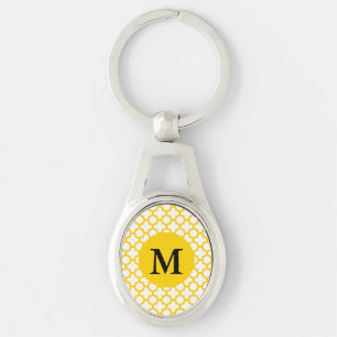 Monogram Gult Quatrefoil Mönster Ovalt Silverfärgad Nyckelring