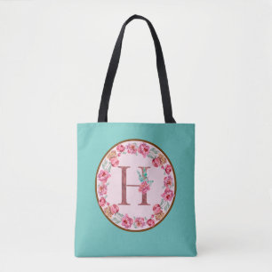 Monogram H Brev med Peony Flower Image Tote Bag Tygkasse