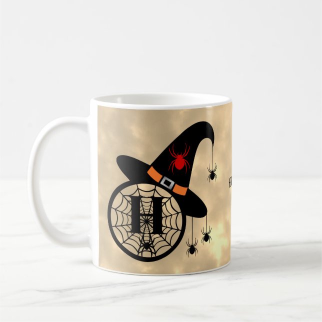 Monogram H Halloween Himlar Witch Spiders Namn Kaffemugg (Vänster)