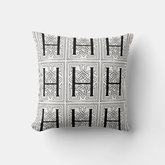 Monogram H Inledande svart och vit Rulla Mönster Kudde (Framsida)