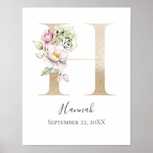 Monogram H Rosa White Blommigt Guld Brev Nursery Poster