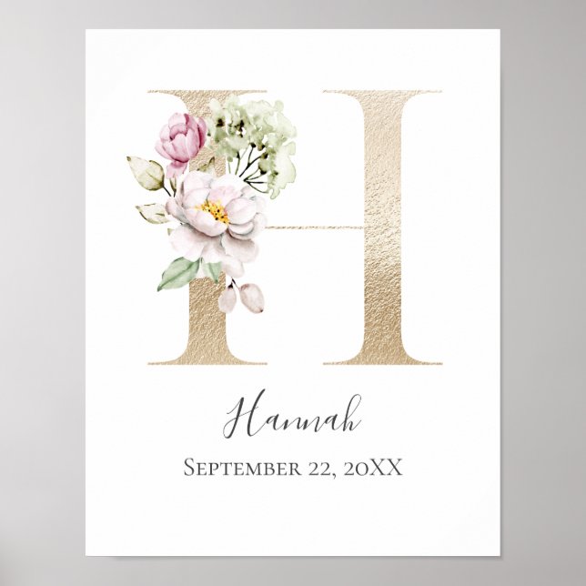 Monogram H Rosa White Blommigt Guld Brev Nursery Poster (Framsidan)