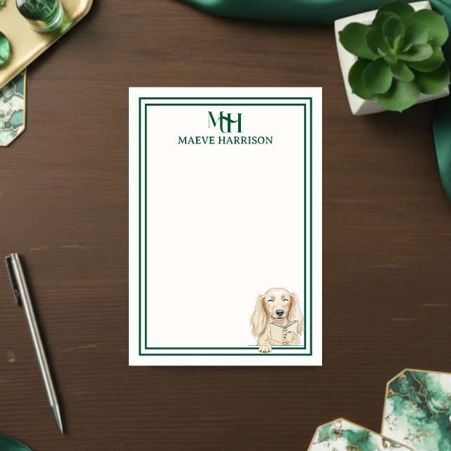 Monogram Hand Drawn Dachshund Reading Post-it Block (Gift custom stationery to the dog lover in your life! )