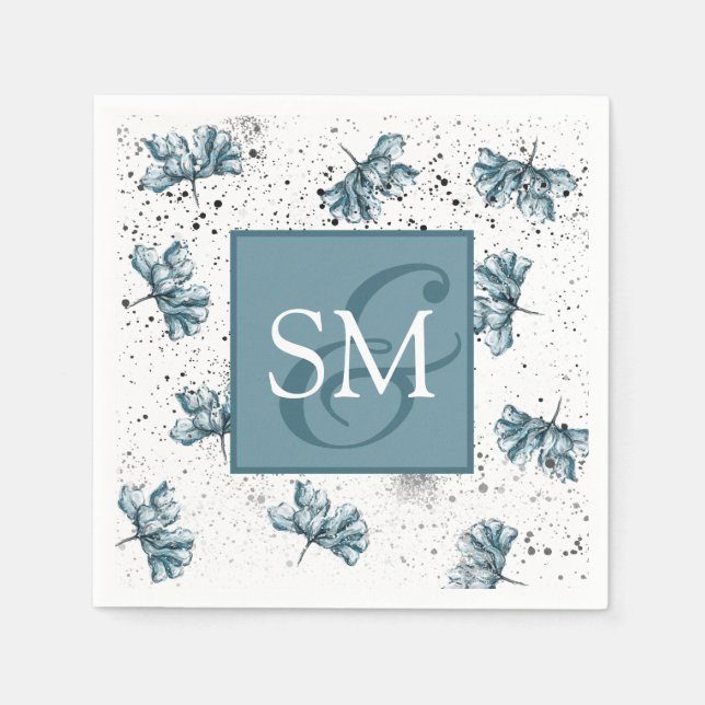 Monogram Hand målad blå Blommigt Pappersservett (Framsidan)