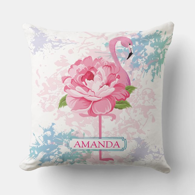 Monogram Hand målade flamingo Kudde (Framsida)