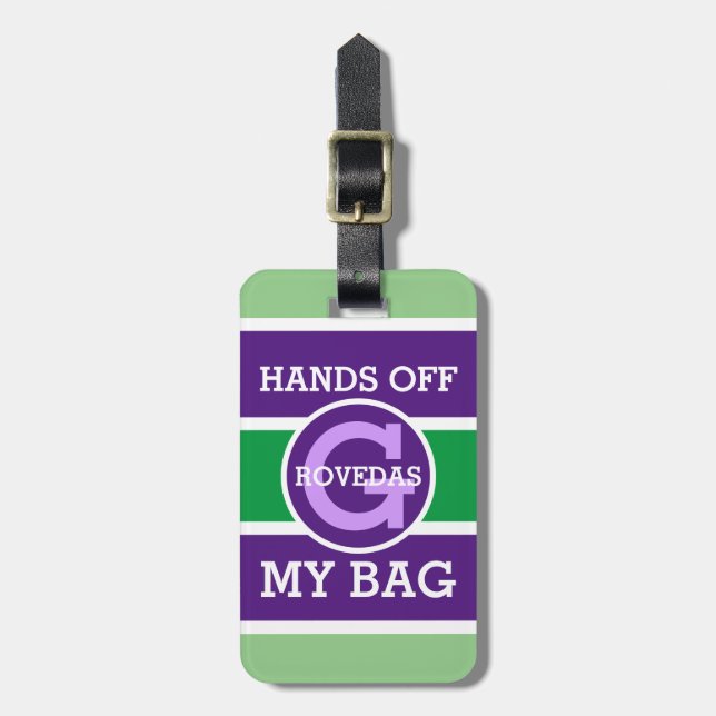 Monogram Hand Off My Bag i grönt vitt lila Bagagebricka (Vertikal Framsida)