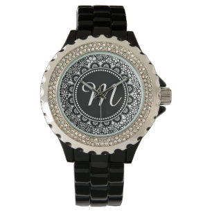 Monogram hand plockade Svartvit blomma och vitblom Armbandsur