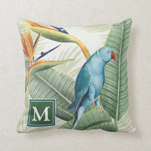 Monogram Handflatan Lämnar med blått fåglar Kudde