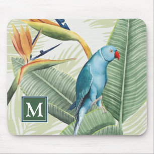 Monogram Handflatan Lämnar med blått fåglar Musmatta
