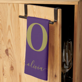 Monogram handskriven namn Personlig lila och guld Kökshandduk