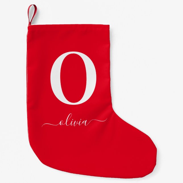 Monogram handskriven namn Personlig röd och vit Liten Julstrumpa (Framsidan)