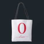 Monogram handskriven namn Personlig vit och röd Tygkasse<br><div class="desc">Denna stilrena monogram och eleganta skriptnamnsdesign kan ges som en present för en födelsedag,  bröllopspresent,  brudshow eller någon annan tillställning. Den kan anpassas med personens initialer och namn.</div>