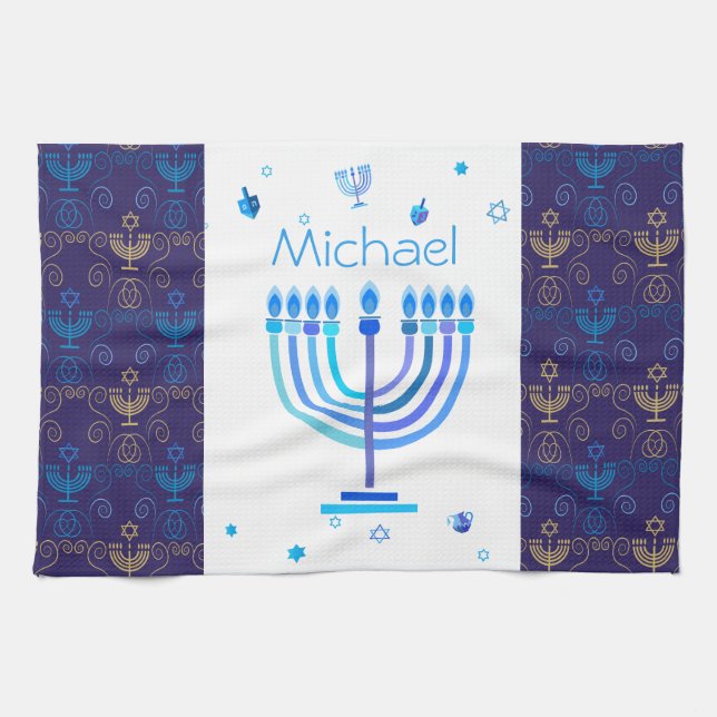Monogram Hanukkah Festival Menorah Ljus Kökshandduk (Horisontell)