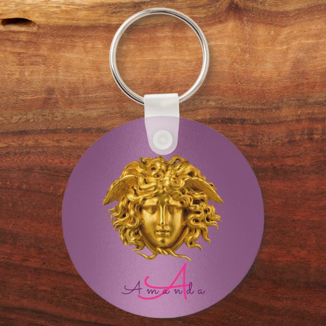 Monogram Haute Couture Guld Medusa Mask Lila Nyckelring (Framsida)
