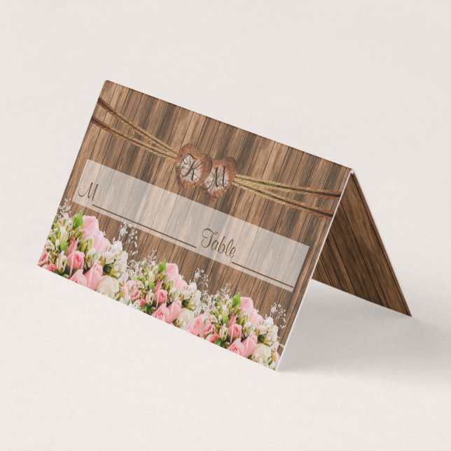 Monogram Heart med Rosa ros| Placera kort (Framsida)