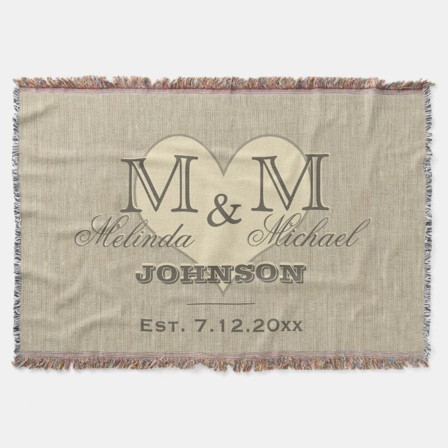 Monogram Heart | Rustic Linen-utseende Filt (Framsidan)