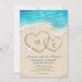 Monogram Hearts i Sand Beach Wedding Inbjudningar