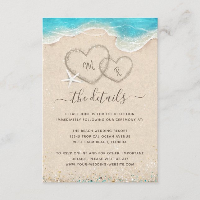Monogram Hearts i Sand Beach Wedding Tilläggskort (Framsida)