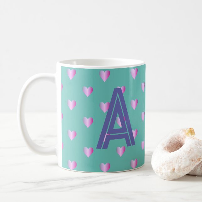 Monogram Hearts Lilac Teal Kaffemugg (Med munk)