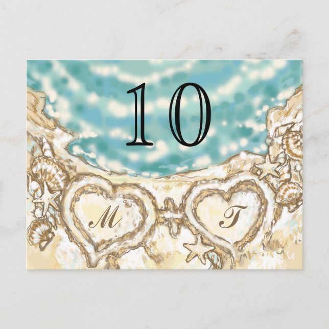 Monogram Hearts på Beach Bord Card Vykort (Framsida)