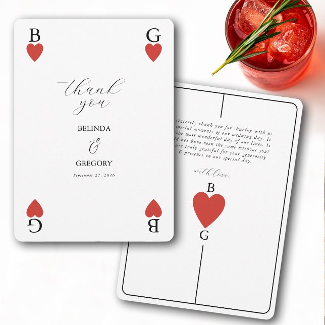 Monogram Hearts-uppspelningskort Bröllop Tack Kort (Monogram Hearts Playing Card Wedding Thank You)