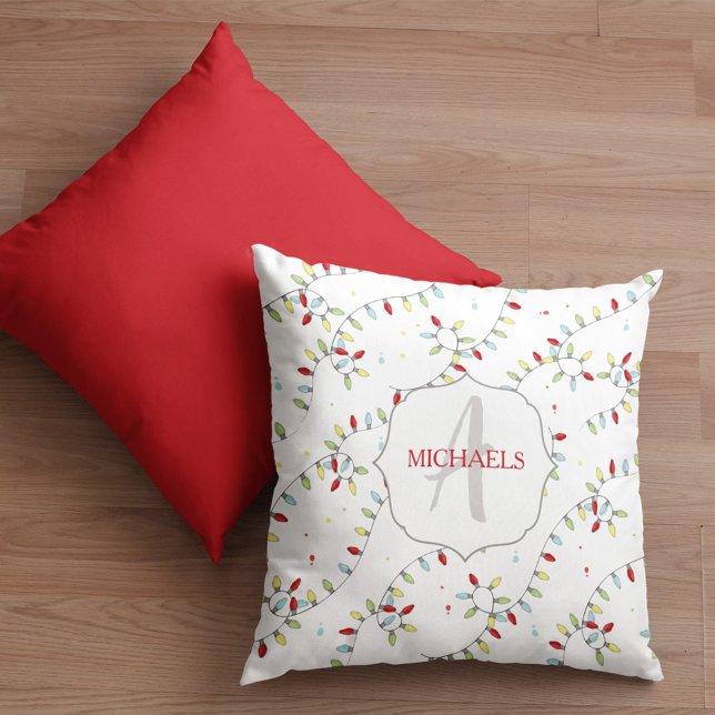 Monogram Helgdag String Ljus Anpassningsbar jul Kudde (Christmas holiday string lights monogram custom throw pillow)