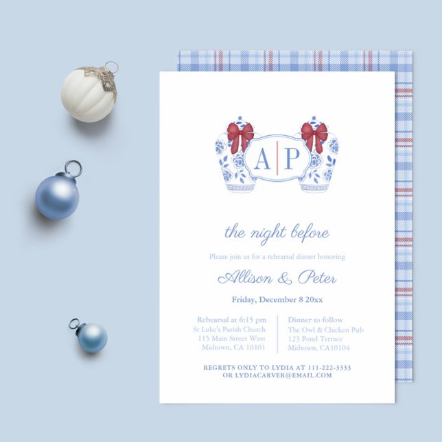 Monogram Helgdagar Bröllop Rehearsal Middag Inbjudningar (Christmas Wedding rehearsal dinner invitation featuring ginger jar with red bow and tartan backer)