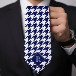 Monogram Herringbonemönster Vitt & Blått Trä Slips