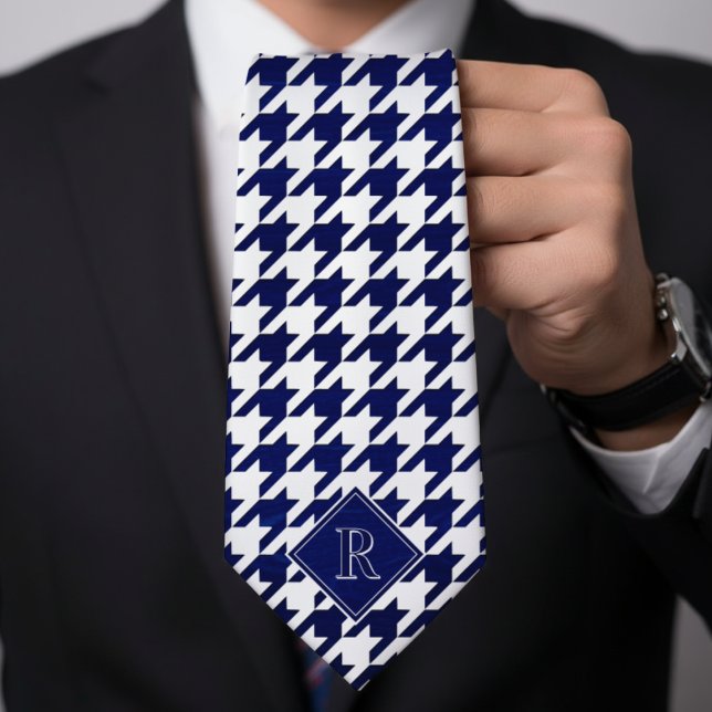 Monogram Herringbonemönster Vitt & Blått Trä Slips (Monogram Houndstooth Pattern White & Blue Wood Neck Tie
)