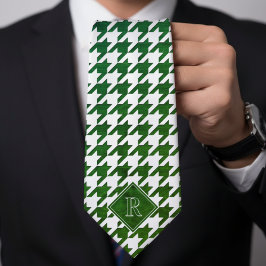 Monogram Herringbonemönster Vitt & Grönt Trä Slips
