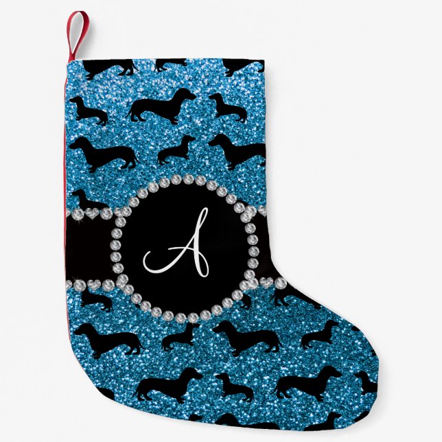 Monogram himlar blue glitter dachshund liten julstrumpa (Framsidan)