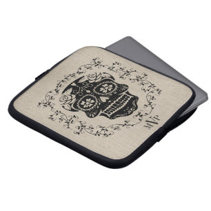 Monogram Hipster Black Sugar Skull Burlap Laptop Sleeve