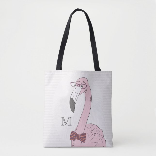Monogram. Hipster Flamingo med Finare Bow Tie. Tygkasse (Framsida)