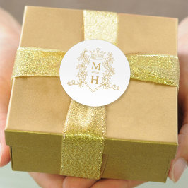 Monogram hjärta krona vapensköld guld bröllop runt klistermärke