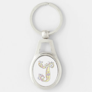 Monogram hjärtblommor, den första brev J-nyckelrin Ovalt Silverfärgad Nyckelring
