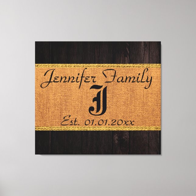 Monogram Hjort Rustic Burlap Linen Wood-utseende Canvastryck (Framsida)