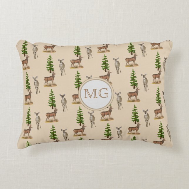 Monogram hjortmönster beige prydnadskudde (Framsidan)