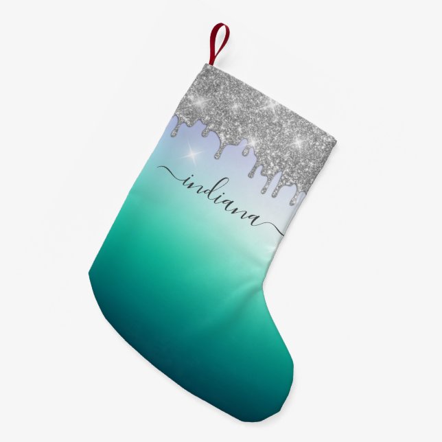 Monogram Högtidlig Skript Namn Silver Glitter Ombr Liten Julstrumpa (Framsidan (Hängande))