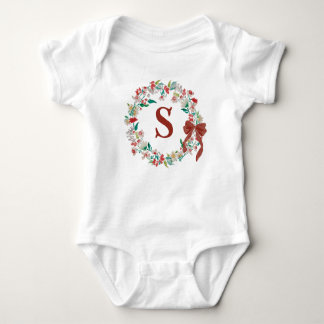 Monogram Holiday Watercolor Floral Bow Wreath T Shirt
