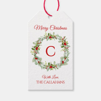 Monogram Holiday Wreath Gift Tag Presentetikett