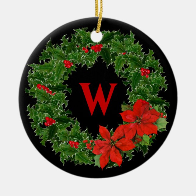 Monogram Holly-andedräkt på svart - 2 sidor Julgransprydnad Keramik (Framsidan)
