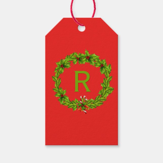 Monogram Holly Berry Wreath Personalized Initial Presentetikett (Framsidan)
