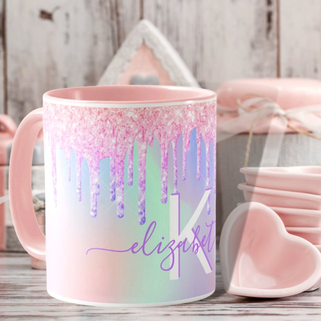 Monogram holografisk encorn glitter rainbow namn mugg (Skapare uppladdad)