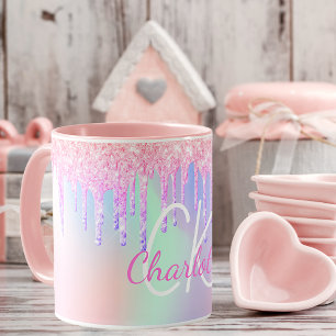 Monogram holografisk encorn glitter rainbow namn mugg
