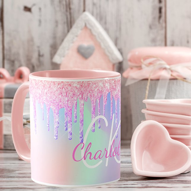 Monogram holografisk encorn glitter rainbow namn mugg (Skapare uppladdad)