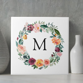 Monogram Höst Höst Rosa Blomma Blomster Krans  Kakelplatta