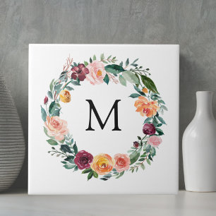 Monogram Höst Höst Rosa Blomma Blomster Krans  Kakelplatta