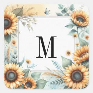 Monogram Höstblommor och solrosor akvarell Fyrkantigt Klistermärke
